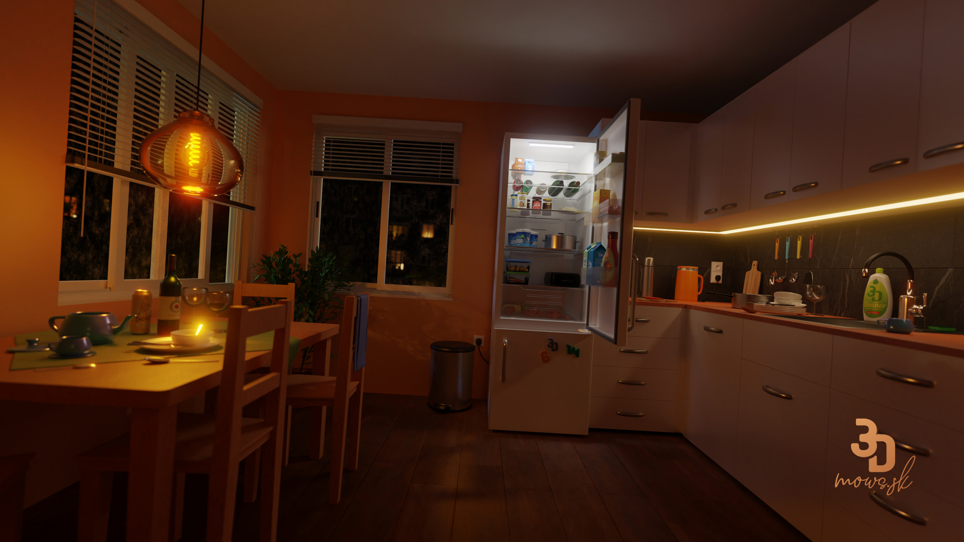 Chladnička v kuchyni renderovaná cez CYCLES
