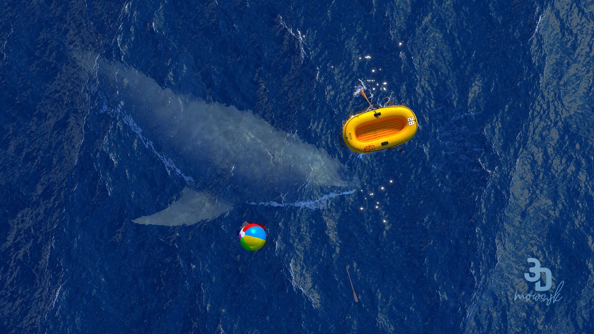 3D scéna oceánu a pohybu žraločej plutvy pomocou dynamického kreslenia